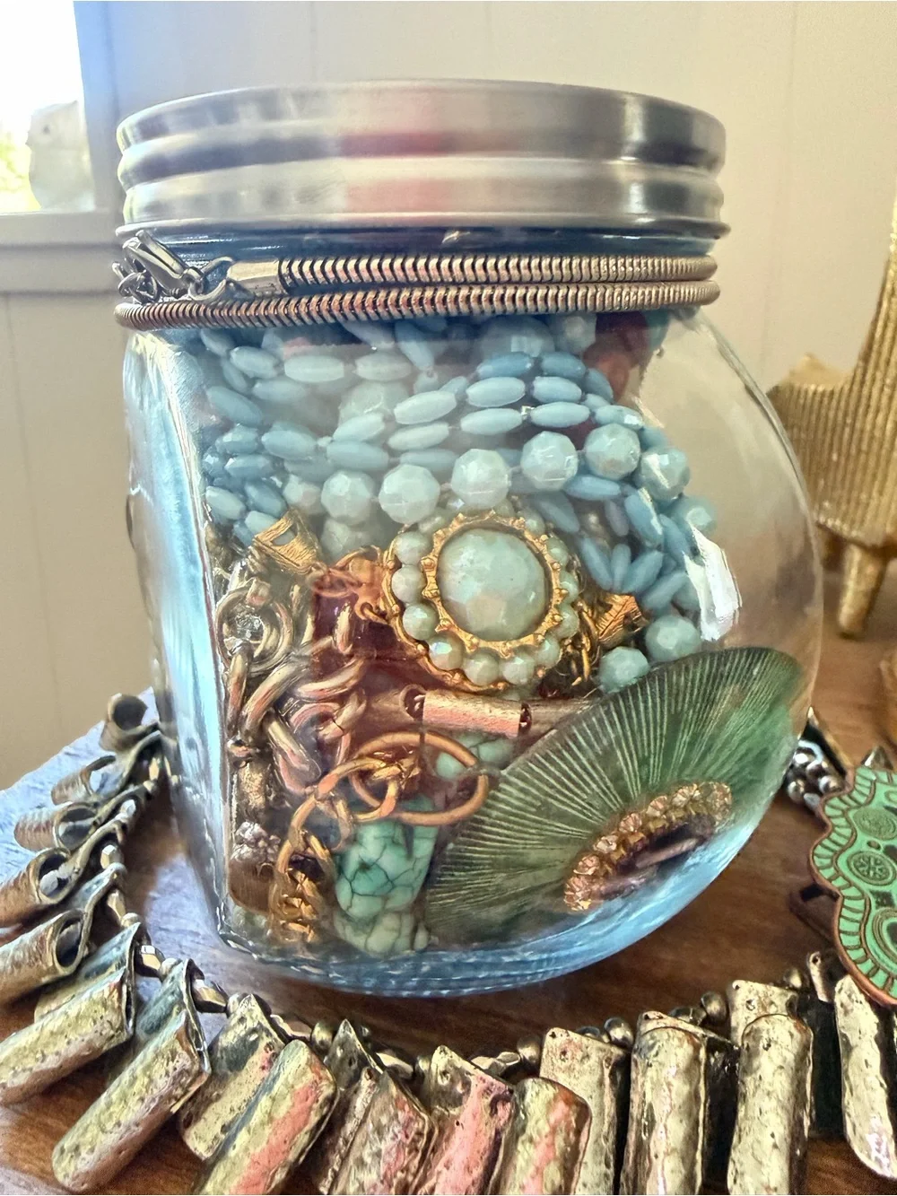 Southwestern/cowgirl/stand out in Turquoise and silver toned mystery jewelry jar